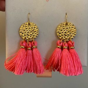 Gold and pink tassel statement earrings